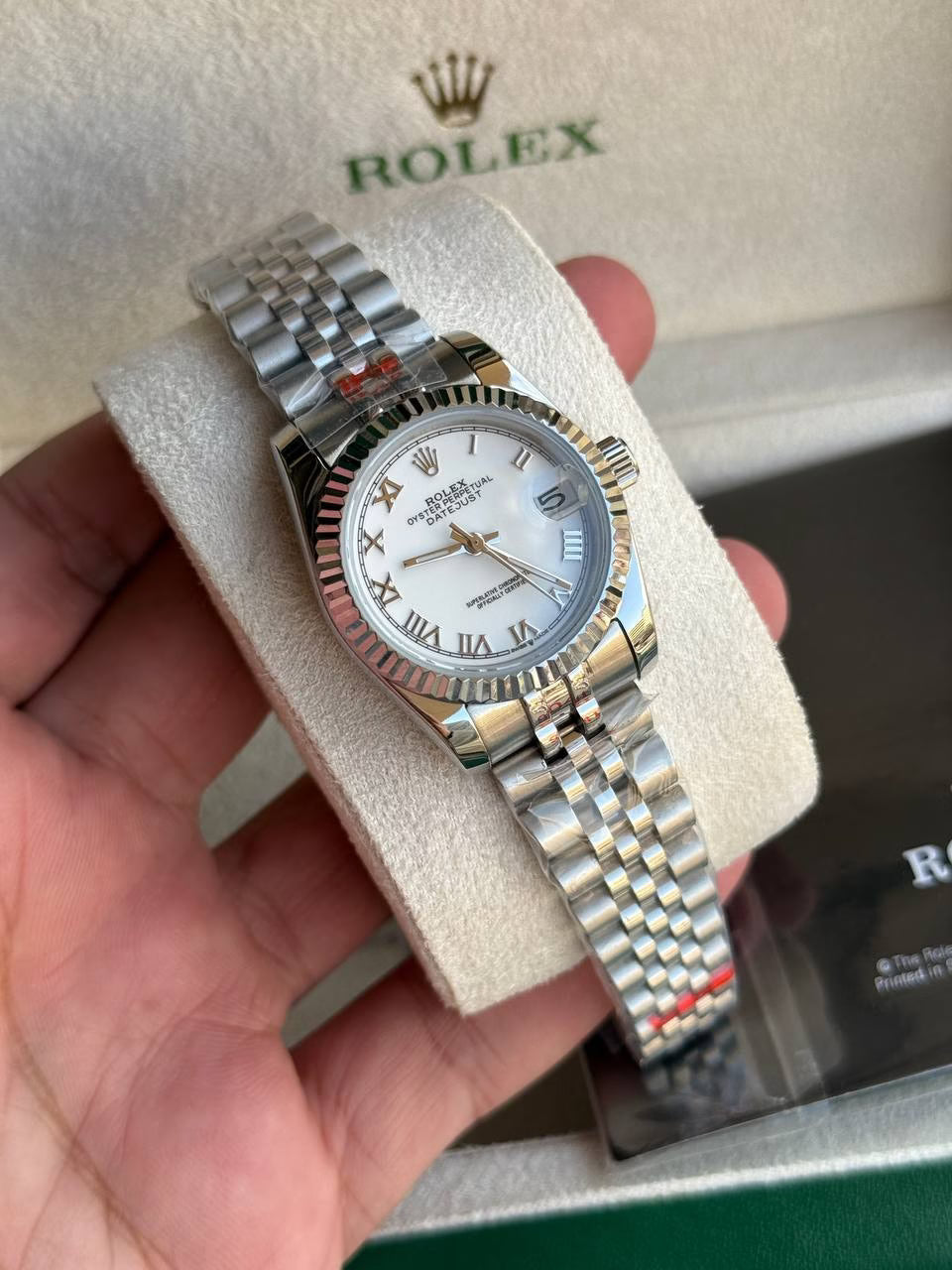 Rolex Datejust 31mm Women’s Master Quality Watch – White Roman Numeral Dial, Stainless Steel Jubilee Bracelet & Stainless Steel Fluted Bezel