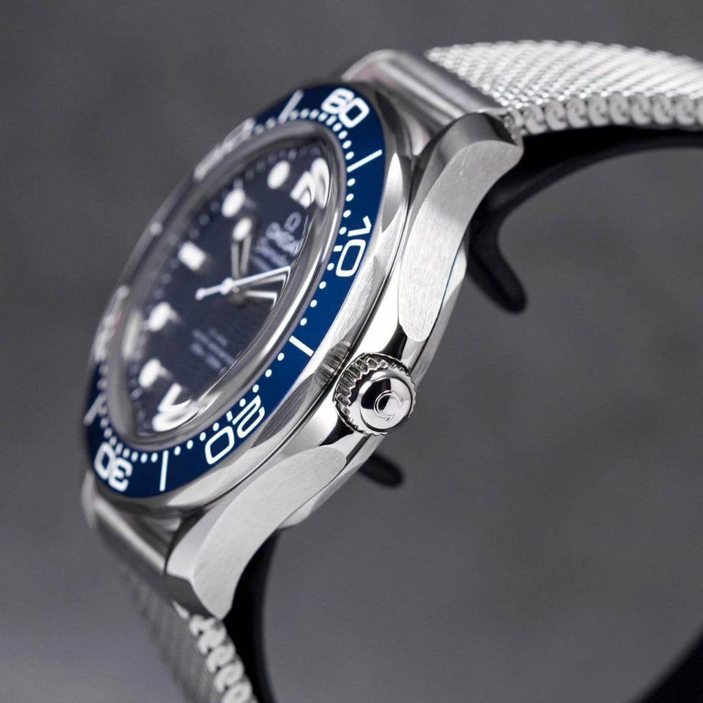 Omega Seamaster 43mm Master Quality Watch – Blue Dial, Blue Bezel & Stainless Steel Mesh Bracelet