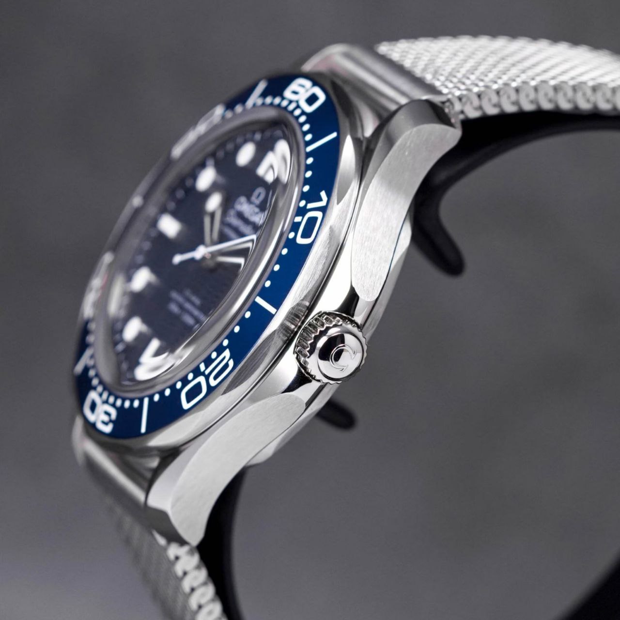 Omega Seamaster 43mm Master Quality Watch – Blue Dial, Blue Bezel & Stainless Steel Mesh Bracelet
