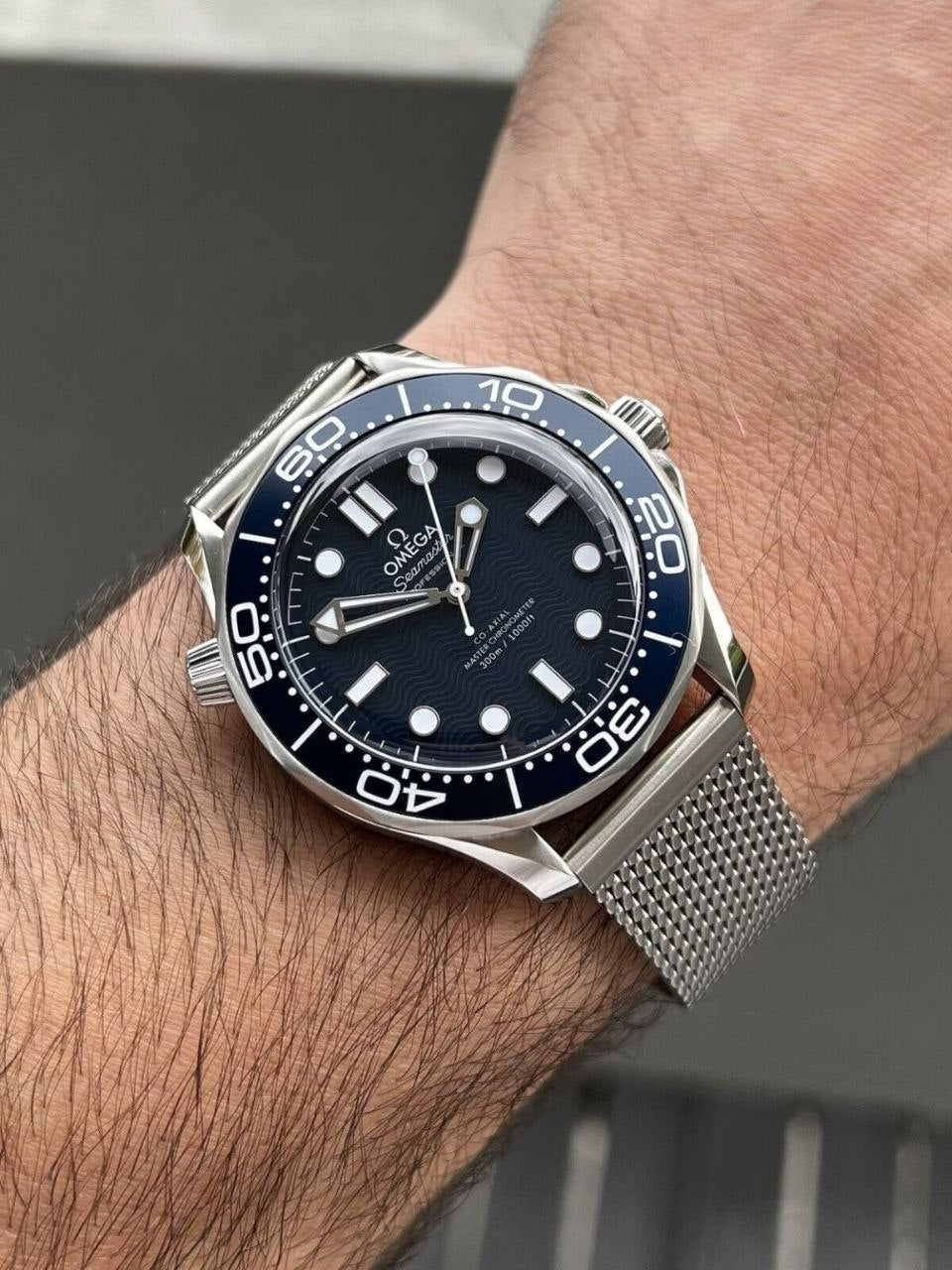 Omega Seamaster 43mm Master Quality Watch – Blue Dial, Blue Bezel & Stainless Steel Mesh Bracelet