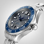 Omega Seamaster Diver 300M 42mm Master Quality Watch – Grey Dial, Blue Bezel & Stainless Steel Mesh Bracelet
