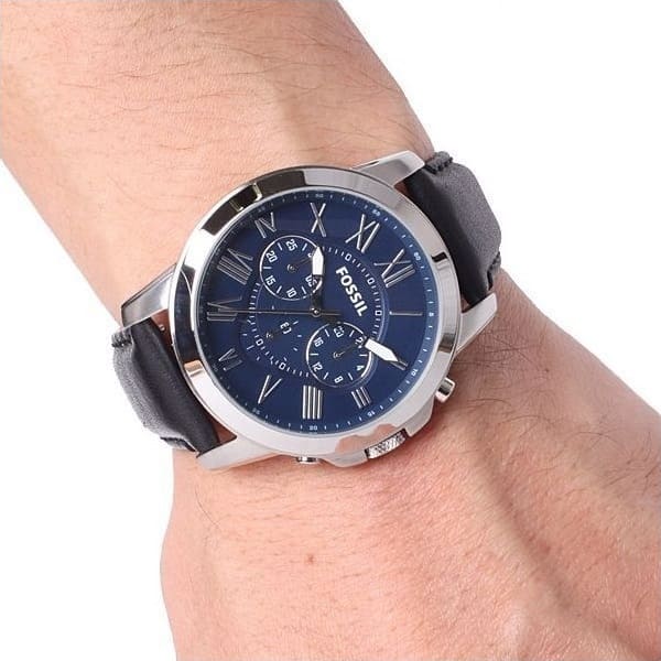 Fossil Grant FS4990 44mm Men’s Chronograph Watch – Blue Dial & Black Genuine Leather Strap