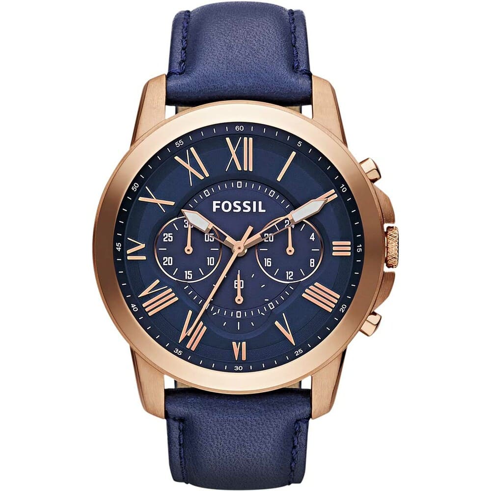 Fossil Grant FS4835 44mm Men’s Chronograph Watch – Blue Dial & Blue Genuine Leather Strap