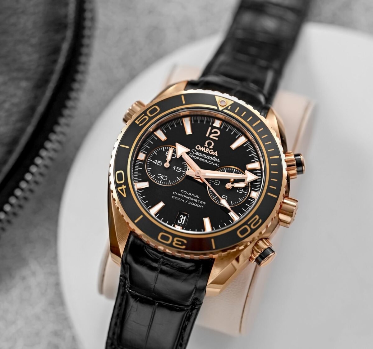Omega Seamaster Planet Ocean 45.5mm Master Quality Watch – Black Dial, Rose Gold-Tone Case & Black Leather Strap