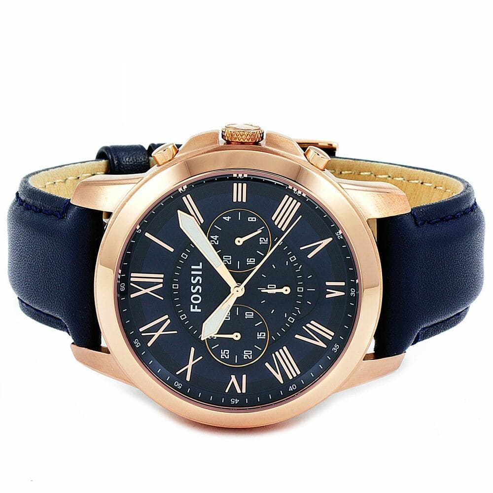 Fossil Grant FS4835 44mm Men’s Chronograph Watch – Blue Dial & Blue Genuine Leather Strap