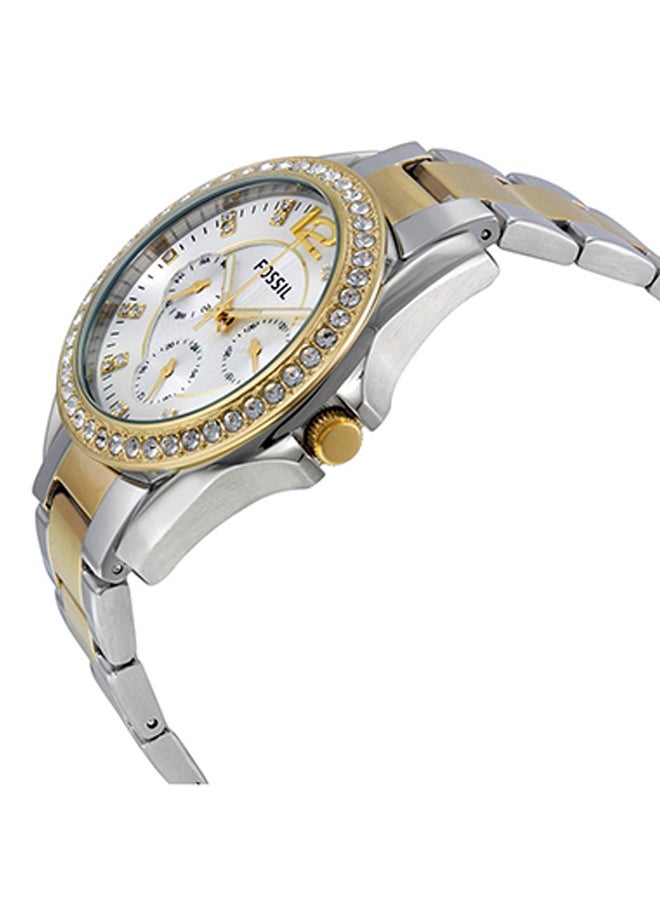 Fossil Riley ES3204 38mm Women’s Watch – Silver Sunray Dial, Two-Tone Bracelet & Crystal-Set Gold-Tone Bezel