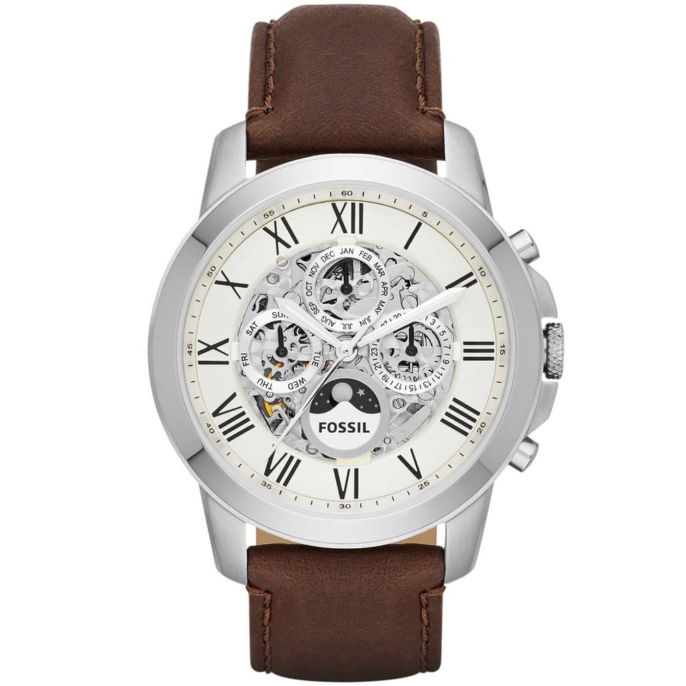 Fossil Grant ME3027 44mm Men’s Automatic Watch – White Skeleton Dial & Brown Genuine Leather Strap