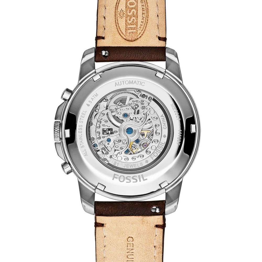 Fossil Grant ME3027 44mm Men’s Automatic Watch – White Skeleton Dial & Brown Genuine Leather Strap