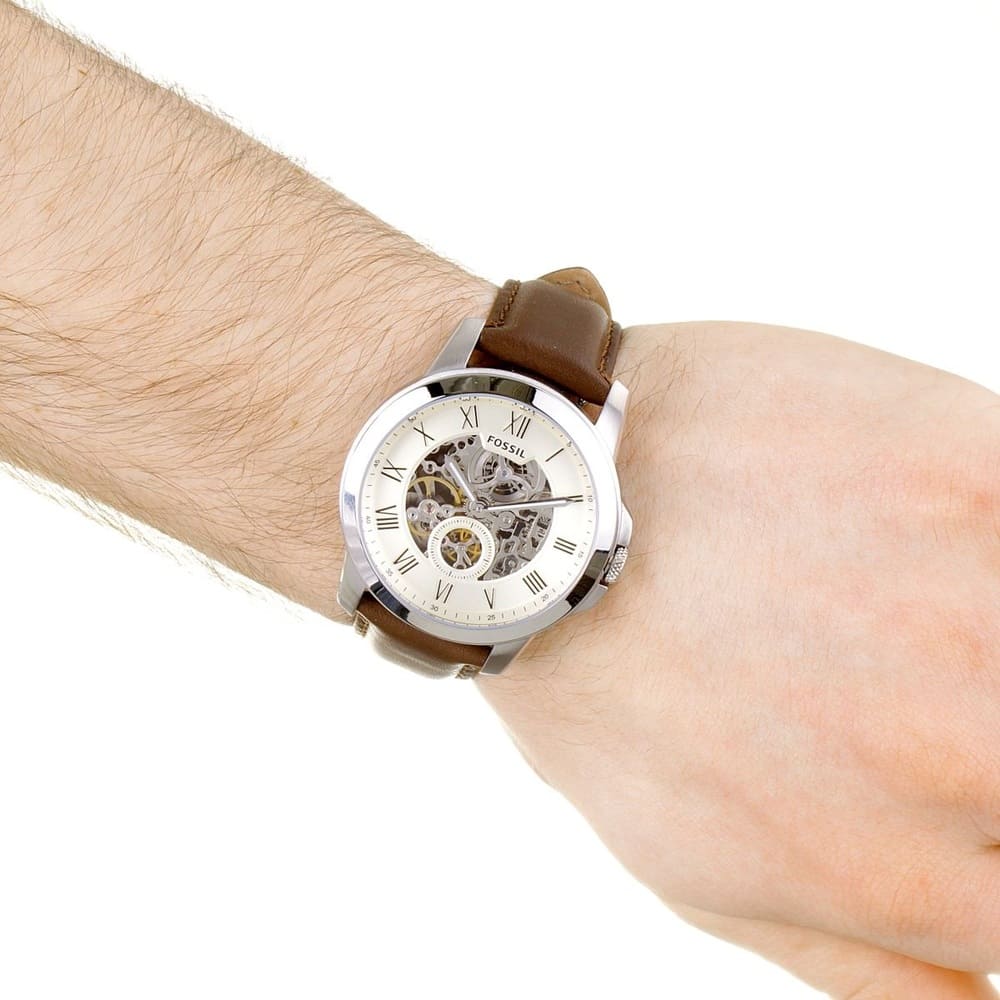 Fossil Grant ME3027 44mm Men’s Automatic Watch – White Skeleton Dial & Brown Genuine Leather Strap
