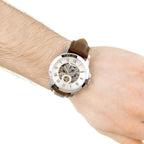 Fossil Grant ME3027 44mm Men’s Automatic Watch – White Skeleton Dial & Brown Genuine Leather Strap