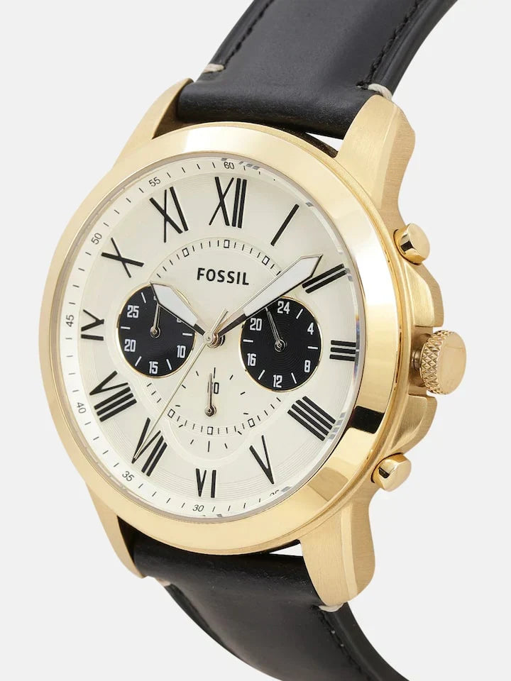 Fossil Grant FS5272 44mm Men’s Chronograph Watch – Cream Dial & Black Genuine Leather Strap
