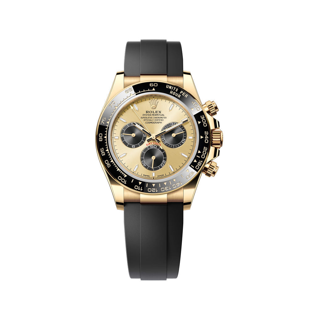 Rolex Cosmograph Daytona Master Quality Watch – Gold-Tone Dial, Black Ceramic Bezel & Oysterflex Rubber Strap