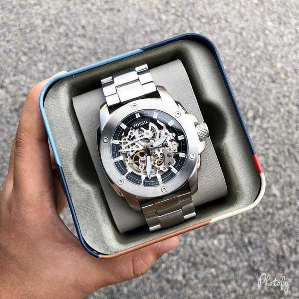 Fossil Modern Machine ME3081 50mm Men’s Automatic Watch – Silver Skeleton Dial & Silver-tone Stainless Steel Bracelet