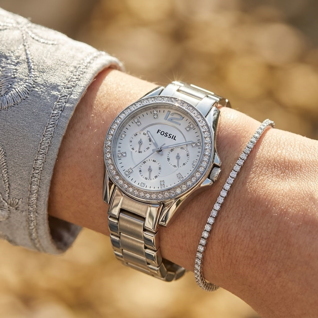 Fossil Riley ES3202 38mm Women’s Watch – Silver Sunray Dial, Stainless Steel Bracelet & Crystal-Set Bezel