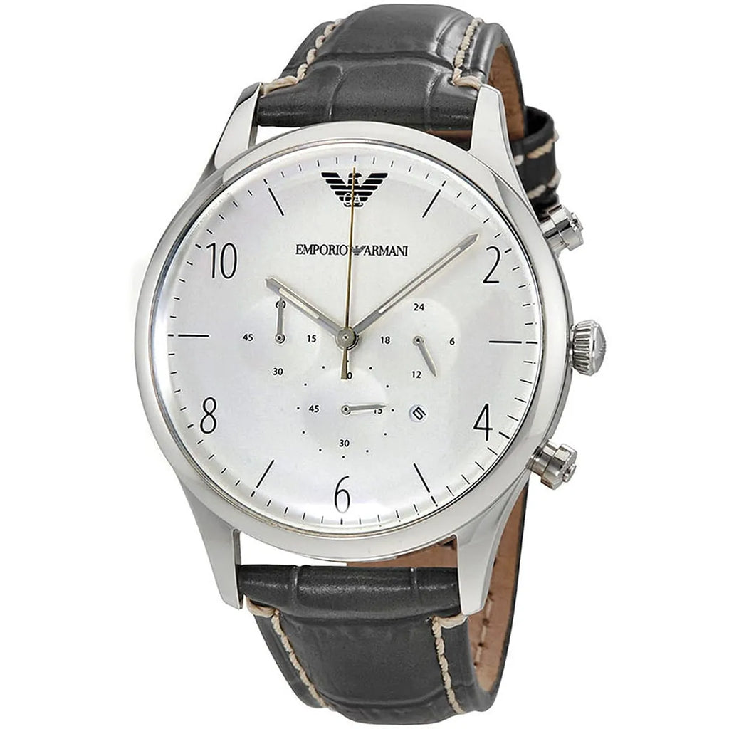 Emporio Armani Classic AR1861 43mm Men's Chronograph Watch – White & Black Genuine Leather Strap