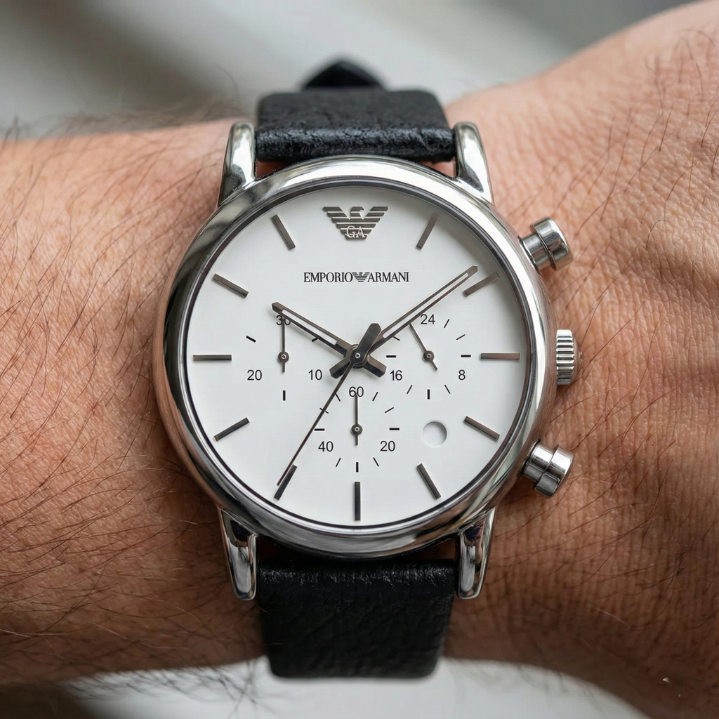 Emporio Armani Luigi AR1810 41mm Men's Chronograph Watch – White Textured & Black Genuine Leather Strap