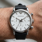 Emporio Armani Luigi AR1810 41mm Men's Chronograph Watch – White Textured & Black Genuine Leather Strap