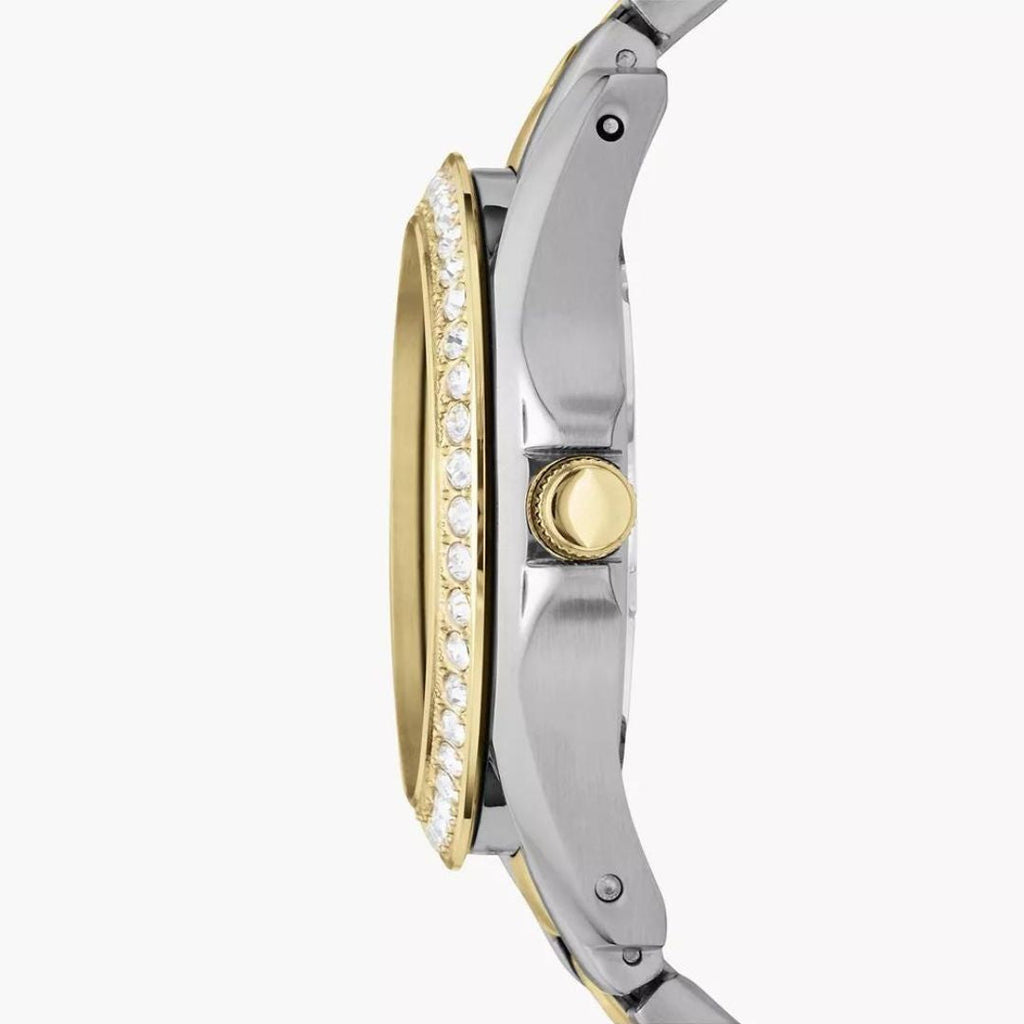 Fossil Riley ES3204 38mm Women’s Watch – Silver Sunray Dial, Two-Tone Bracelet & Crystal-Set Gold-Tone Bezel