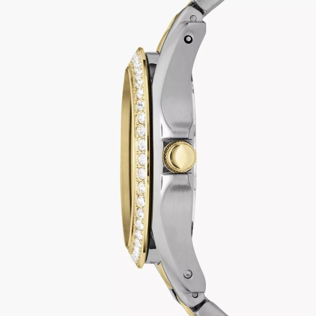 Fossil Riley ES3204 38mm Women’s Watch – Silver Sunray Dial, Two-Tone Bracelet & Crystal-Set Gold-Tone Bezel
