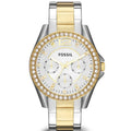 Fossil Riley ES3204 38mm Women’s Watch – Silver Sunray Dial, Two-Tone Bracelet & Crystal-Set Gold-Tone Bezel