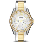 Fossil Riley ES3204 38mm Women’s Watch – Silver Sunray Dial, Two-Tone Bracelet & Crystal-Set Gold-Tone Bezel