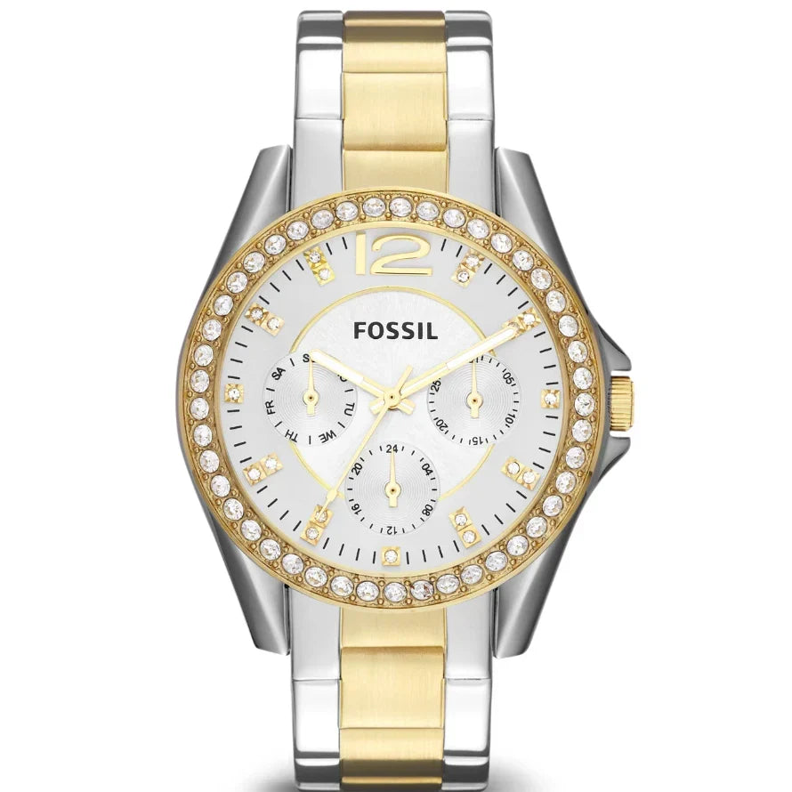 Fossil Riley ES3204 38mm Women’s Watch – Silver Sunray Dial, Two-Tone Bracelet & Crystal-Set Gold-Tone Bezel