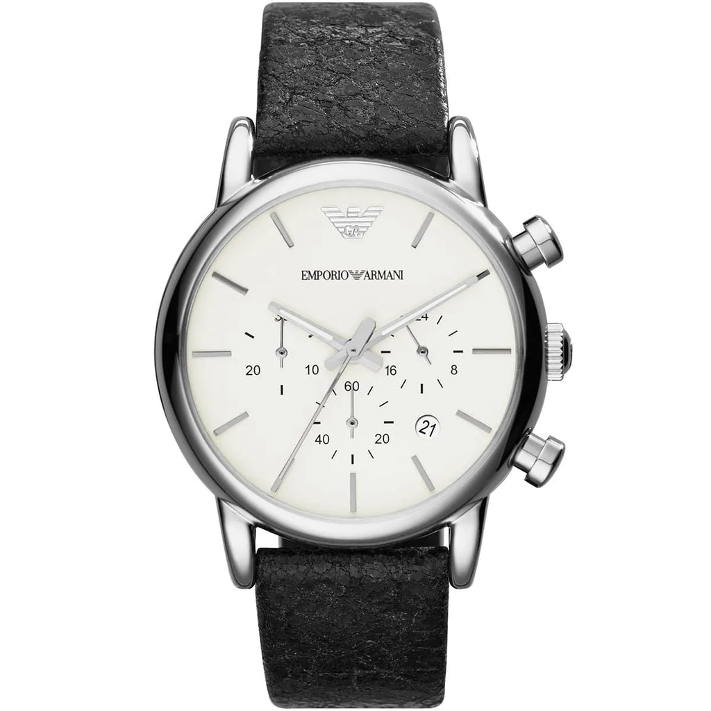 Emporio Armani Luigi AR1810 41mm Men's Chronograph Watch – White Textured & Black Genuine Leather Strap