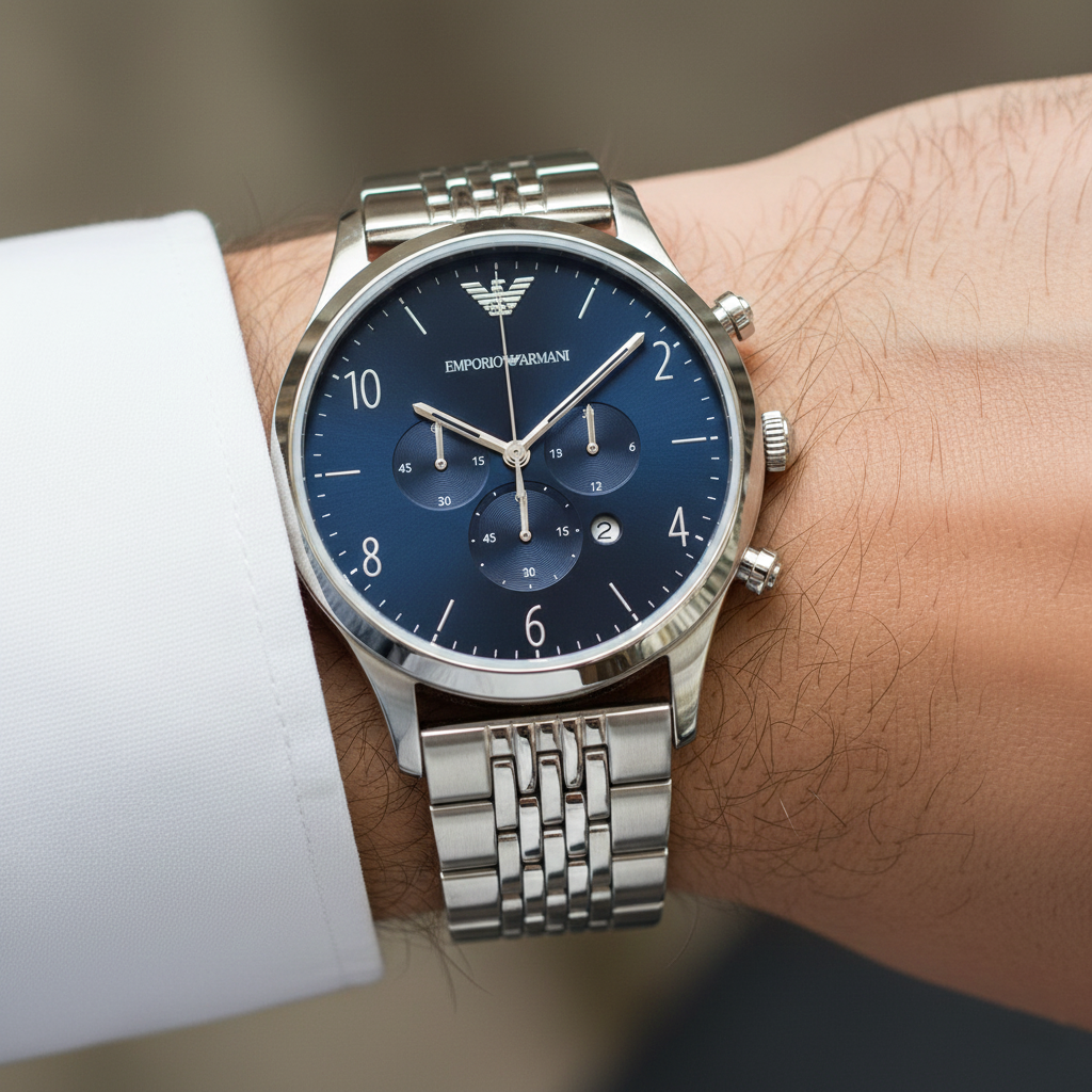 Emporio Armani Beta AR1942 43mm Men's Chronograph Watch – Navy Blue Sunray & Silver-Tone Stainless Steel Bracelet