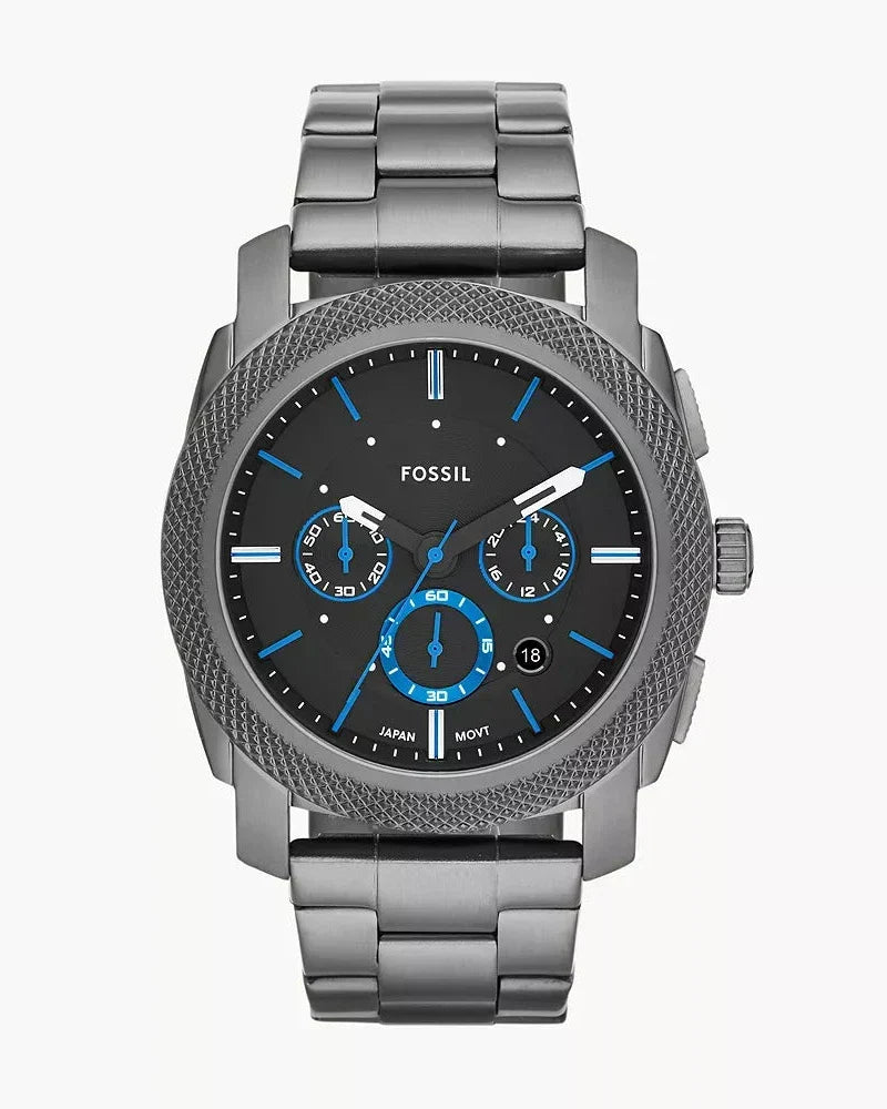 Fossil Machine FS4931 45mm Men’s Chronograph Watch – Black Dial with Blue Accents & Smoke-tone Stainless Steel Bracelet