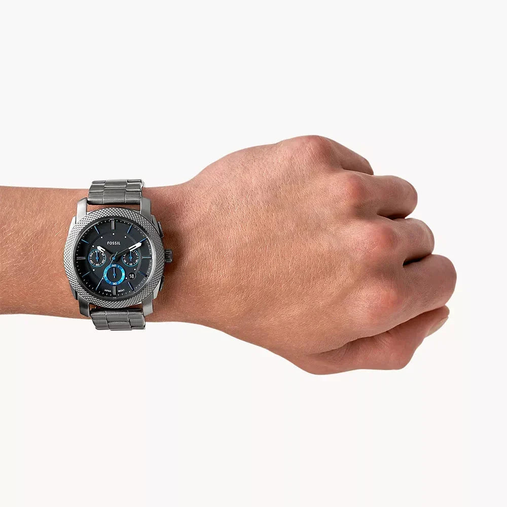 Fossil Machine FS4931 45mm Men’s Chronograph Watch – Black Dial with Blue Accents & Smoke-tone Stainless Steel Bracelet