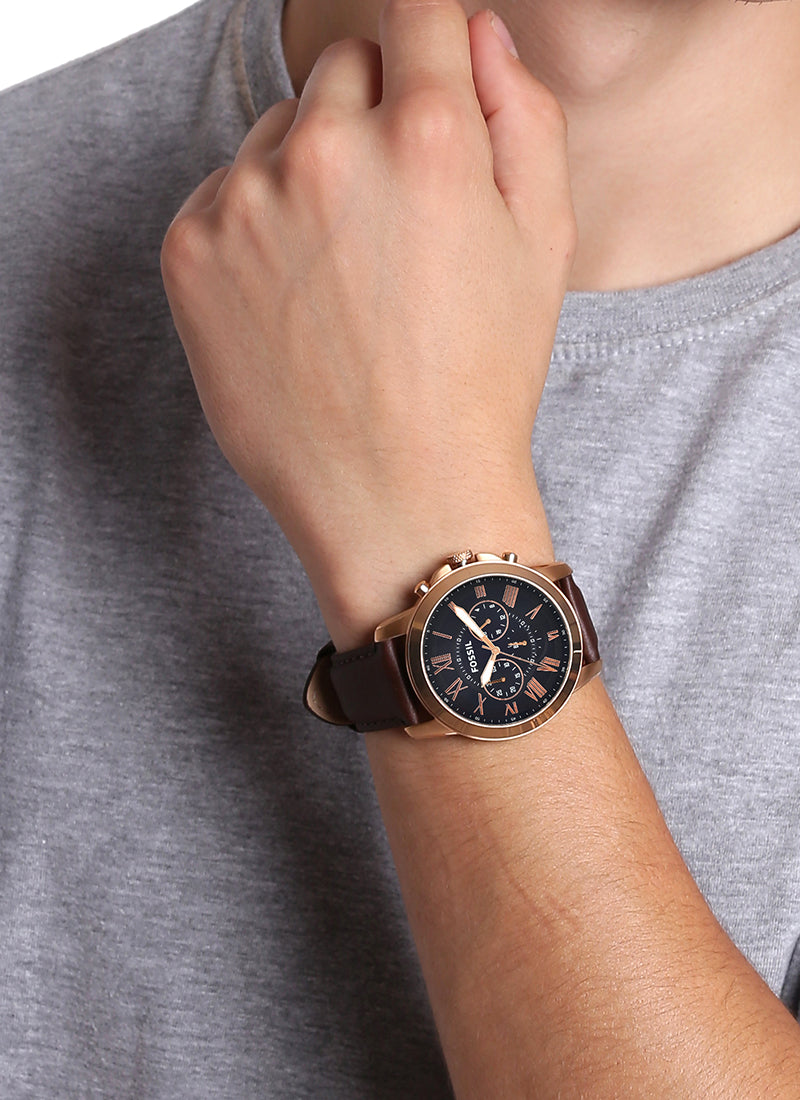 Fossil Grant FS5068 44mm Men’s Chronograph Watch – Blue Dial & Brown Genuine Leather Strap