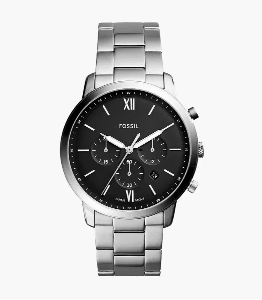 Fossil Neutra FS5384 44mm Men’s Chronograph Watch – Black Dial & Silver-tone Stainless Steel Bracelet