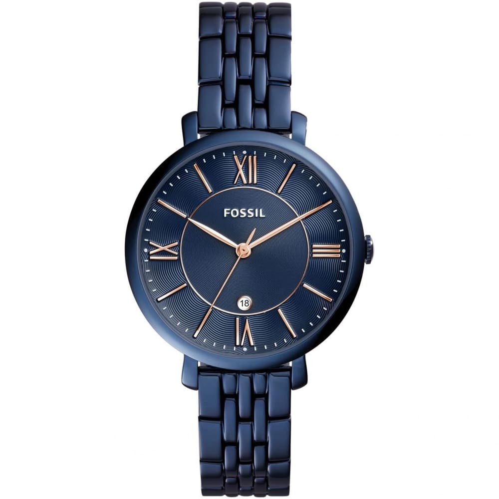 Fossil Jacqueline ES4094 36mm Women’s Watch – Textured Navy Dial, Navy Stainless Steel Bracelet & Rose Gold-Tone Accents