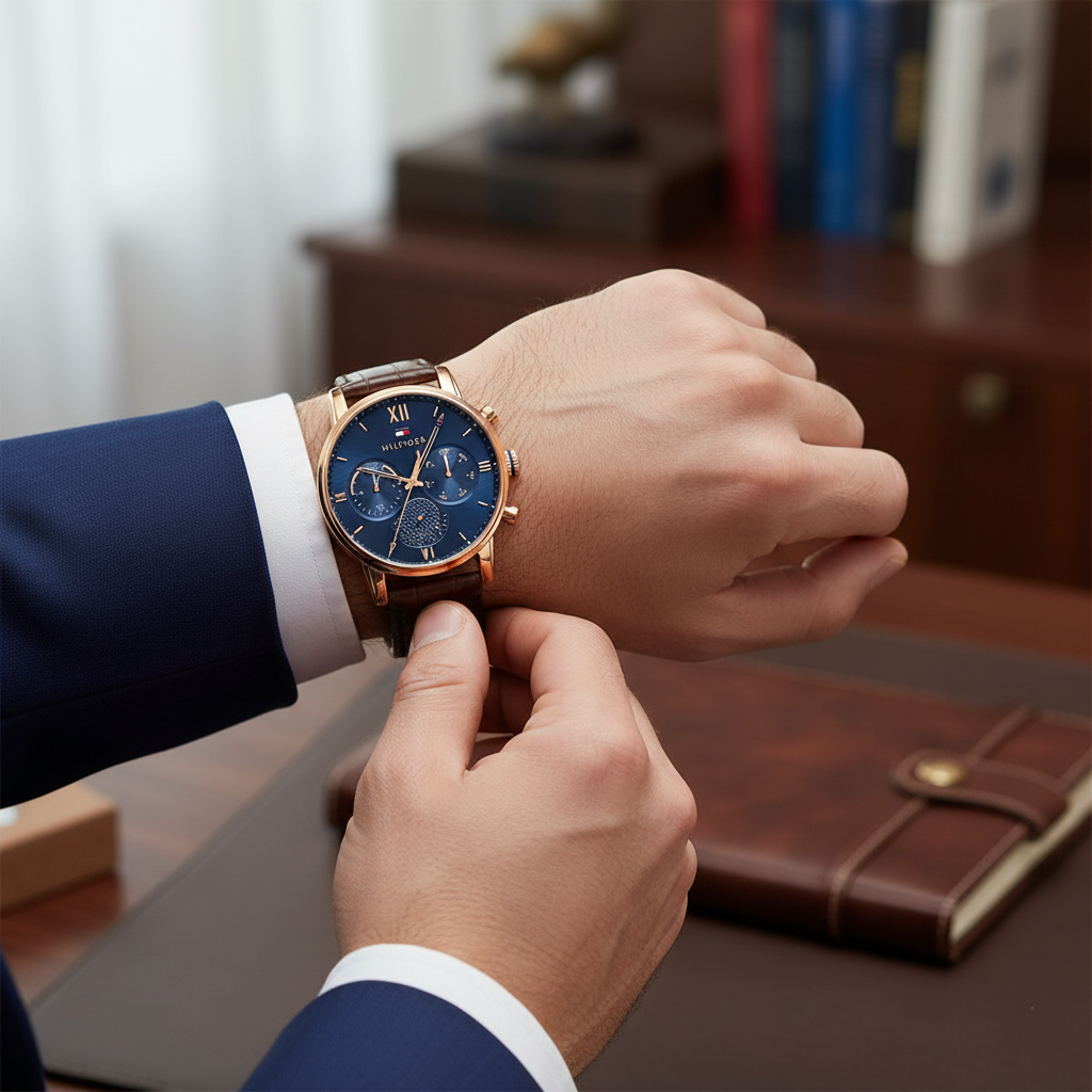 Tommy Hilfiger Sullivan 1791933 44mm Men's Multi-Function Watch – Blue & Brown Genuine Leather Strap