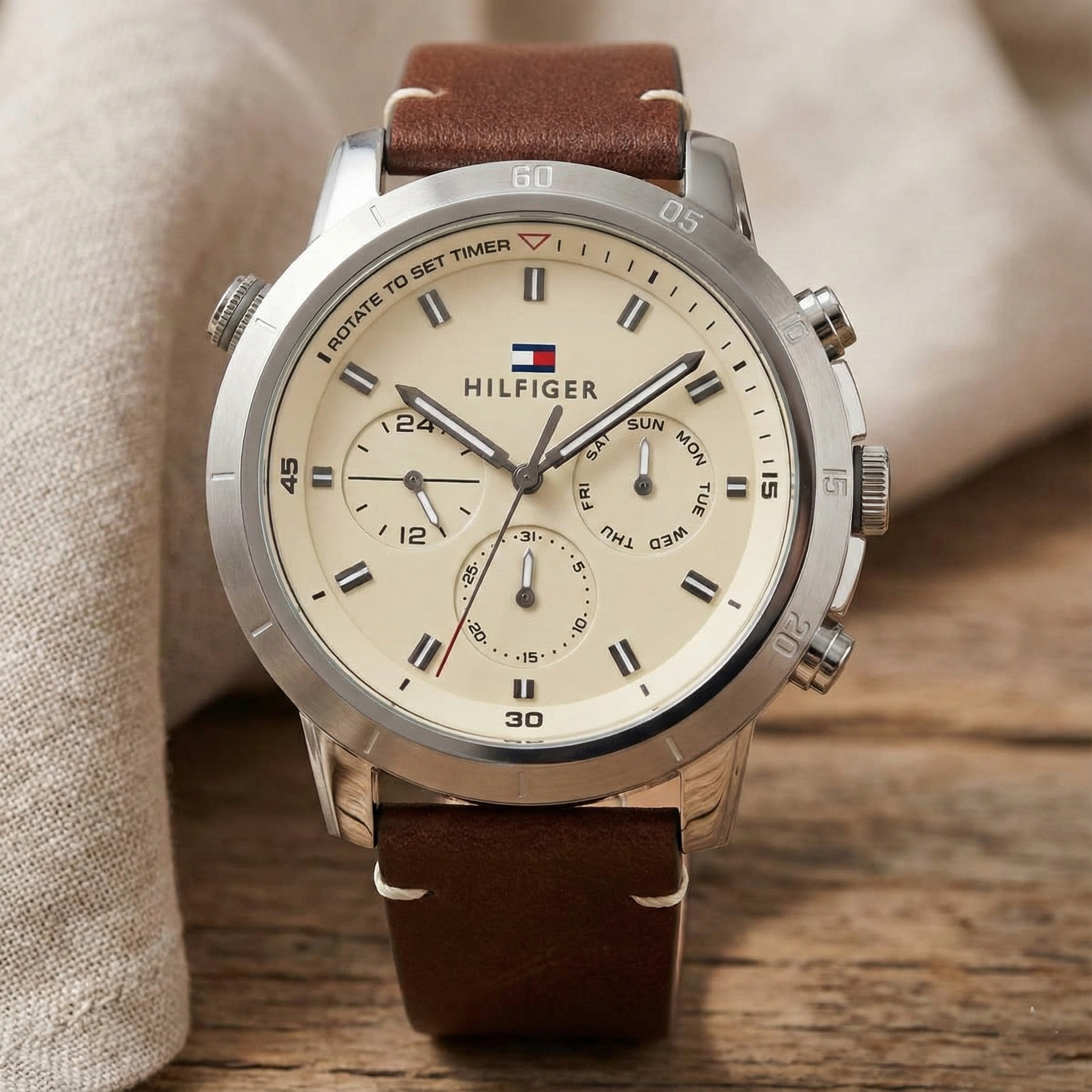 Tommy Hilfiger Signature 1792102 Men's Multi-Function Watch – Beige & Brown Genuine Leather Strap