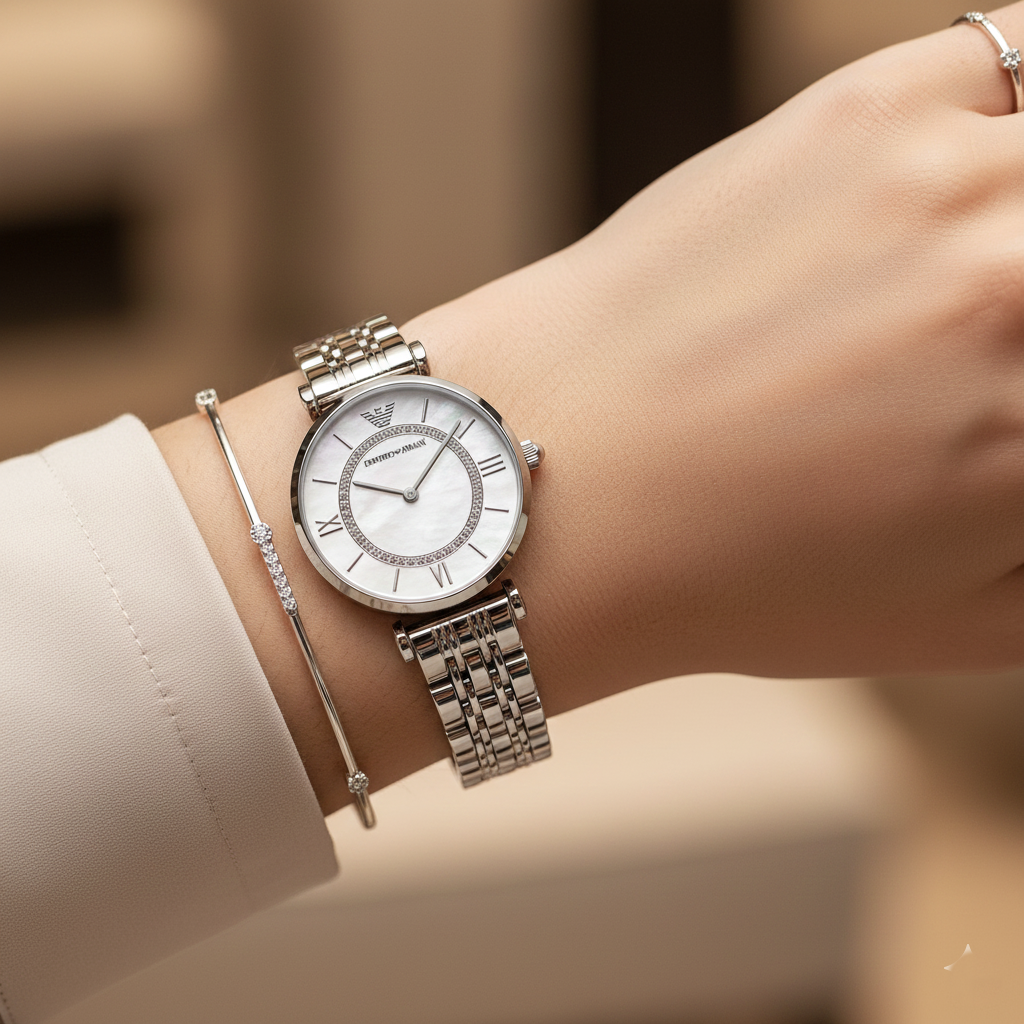 Emporio Armani Gianni T-Bar AR1908 32mm Women's Quartz Watch – White & Silver-Tone Stainless Steel Bracelet