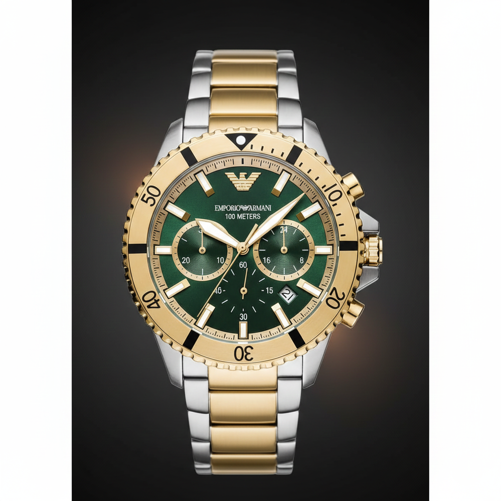 Emporio Armani Diver AR11586 43mm Men's Chronograph Watch – Green & Two-Tone Stainless Steel Bracelet