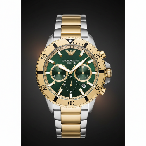 Emporio Armani Diver AR11586 43mm Men's Chronograph Watch – Green & Two-Tone Stainless Steel Bracelet
