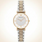 Emporio Armani Gianni T-Bar AR2076 32mm Women's Quartz Watch – Two-Tone Crystal-Set & Two-Tone Silver and Rose Gold Stainless Steel Bracelet