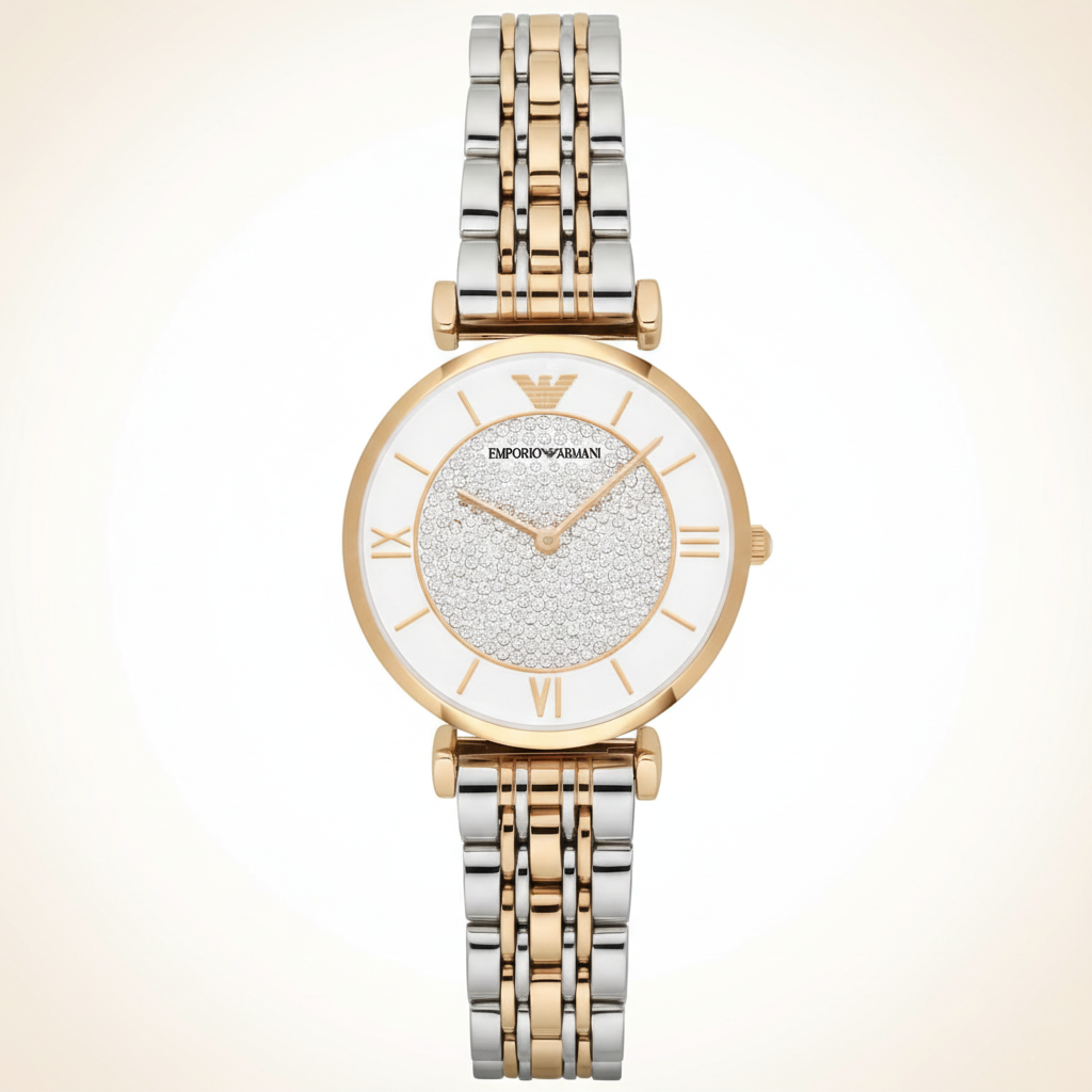 Emporio Armani Gianni T-Bar AR2076 32mm Women's Quartz Watch – Two-Tone Crystal-Set & Two-Tone Silver and Rose Gold Stainless Steel Bracelet