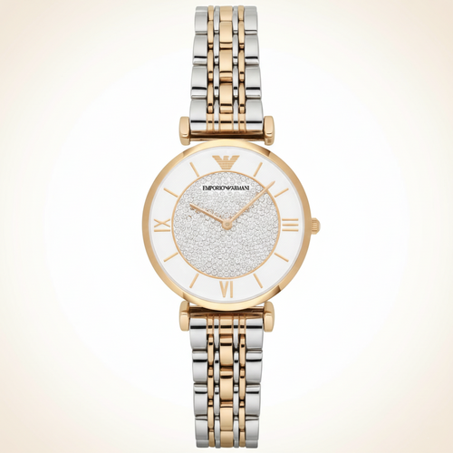 Emporio Armani Gianni T-Bar AR2076 32mm Women's Quartz Watch – Two-Tone Crystal-Set & Two-Tone Silver and Rose Gold Stainless Steel Bracelet