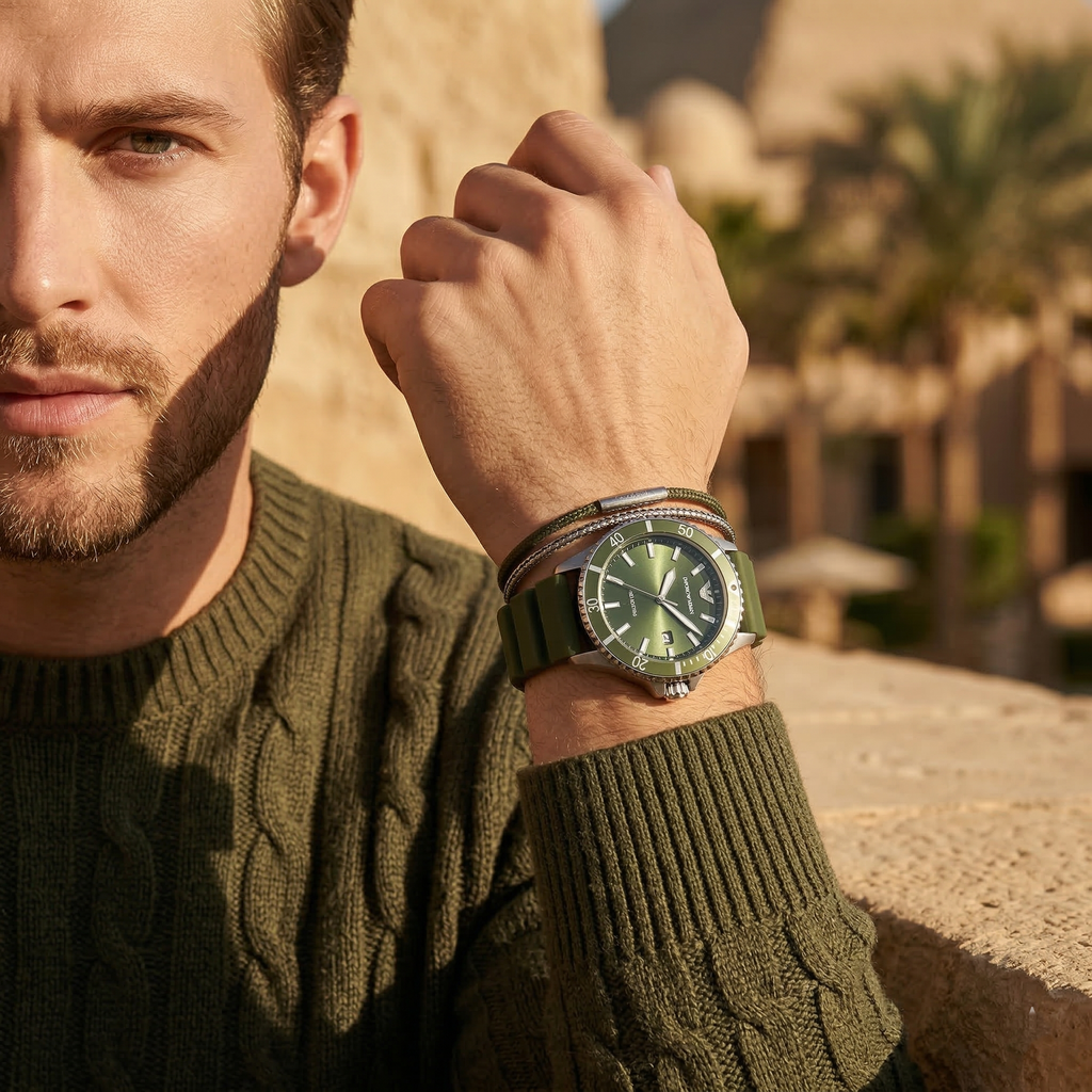 Emporio Armani World Explorer AR11638 42mm Men's Quartz Watch – Emerald Green Sunray & Green Rubber Strap