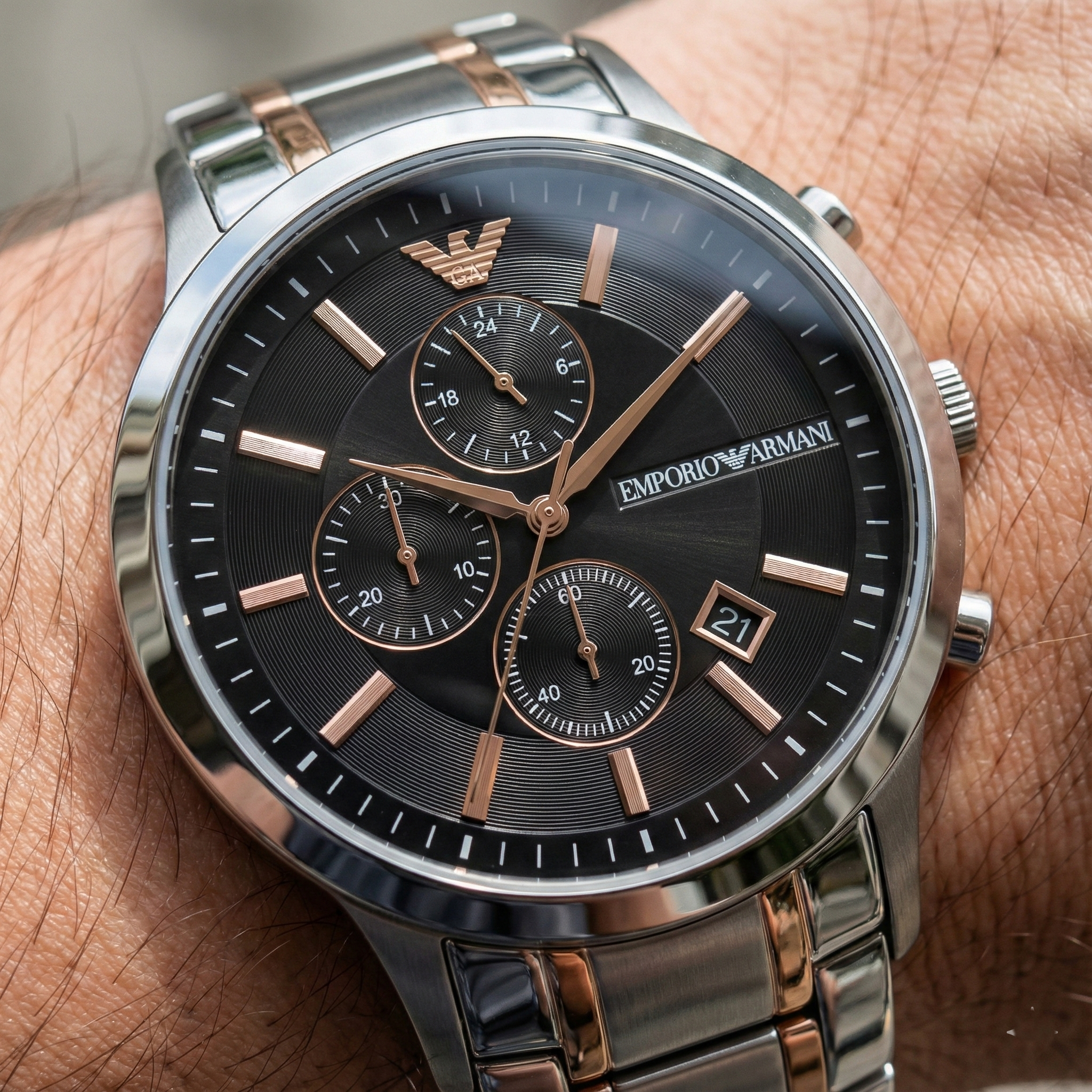 Emporio Armani Renato AR11165 Men's Chronograph Watch – Black Sunray & Rose Gold Stainless Steel Bracelet