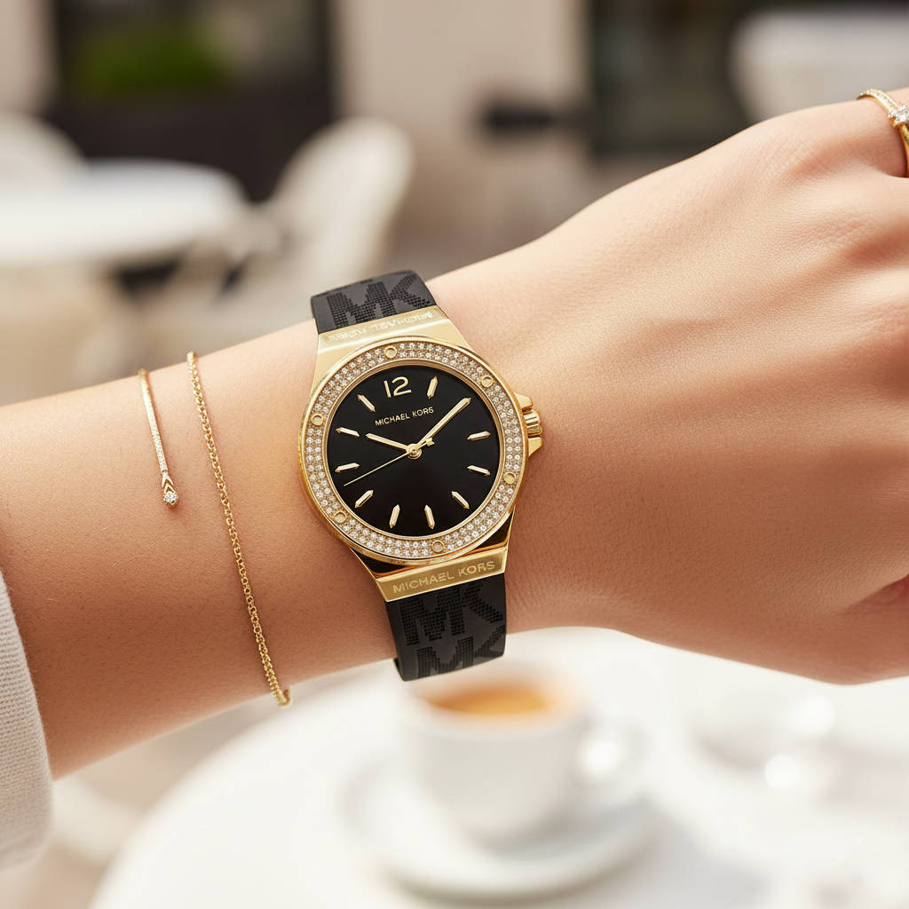 Michael Kors Lennox MK7281 37mm Women's Quartz Watch – Black with Black Silicone Strap
