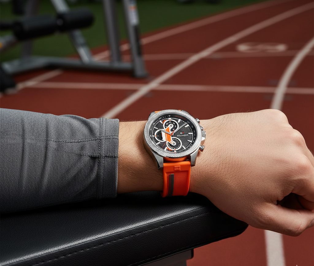 Tommy Hilfiger Signature 1792084 46mm Men's Chronograph Watch – Black & Orange Silicone Strap
