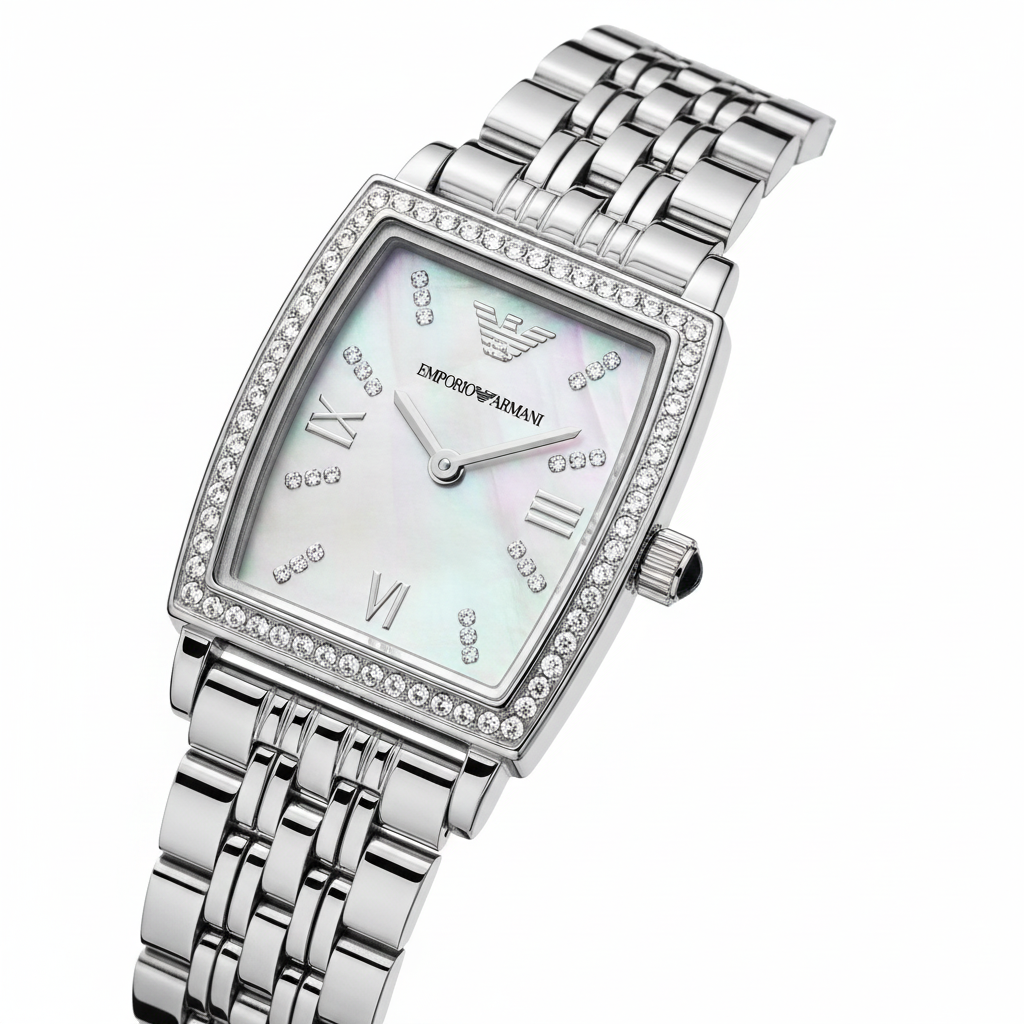 Emporio Armani Gianni T-Bar AR11405 28mm Women's Quartz Watch – Mother-of-Pearl & Silver-Tone Stainless Steel Bracelet