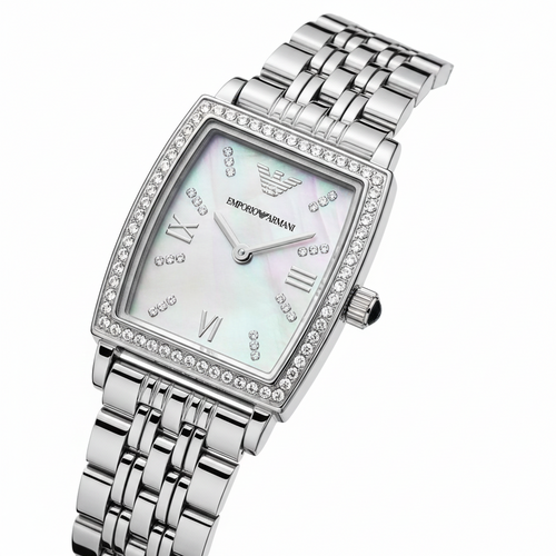 Emporio Armani Gianni T-Bar AR11405 28mm Women's Quartz Watch – Mother-of-Pearl & Silver-Tone Stainless Steel Bracelet