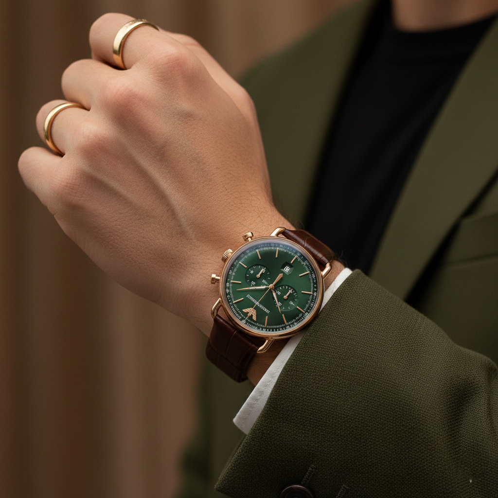 Emporio Armani Aviator AR11334 43mm Men's Chronograph Watch – Green & Rose Gold Genuine Leather Strap