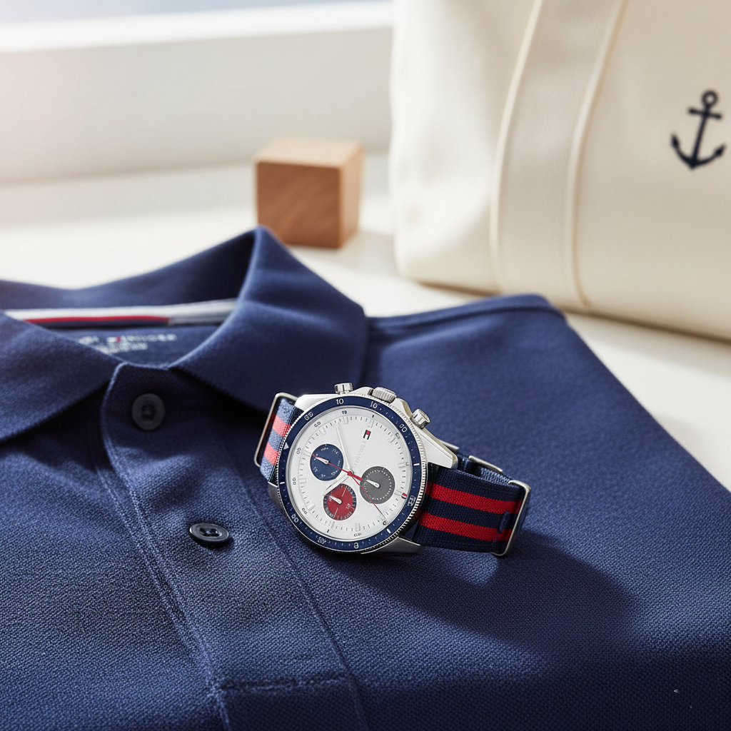 Tommy Hilfiger Signature 1792035 44mm Men's Multi-Function Watch – White & Navy-Red Textile Strap