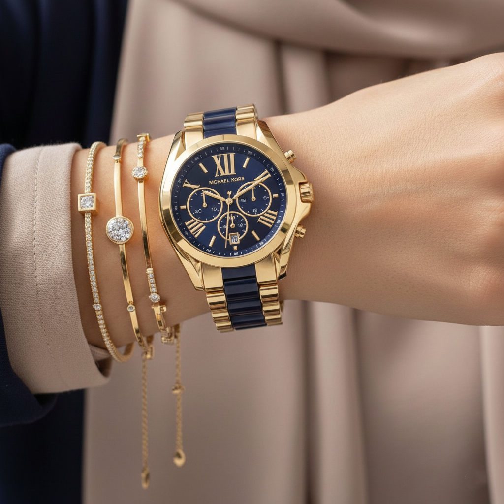 Michael Kors Bradshaw MK6268 43mm Women's Chronograph Watch – Navy Blue with Two-Tone Stainless Steel Bracelet